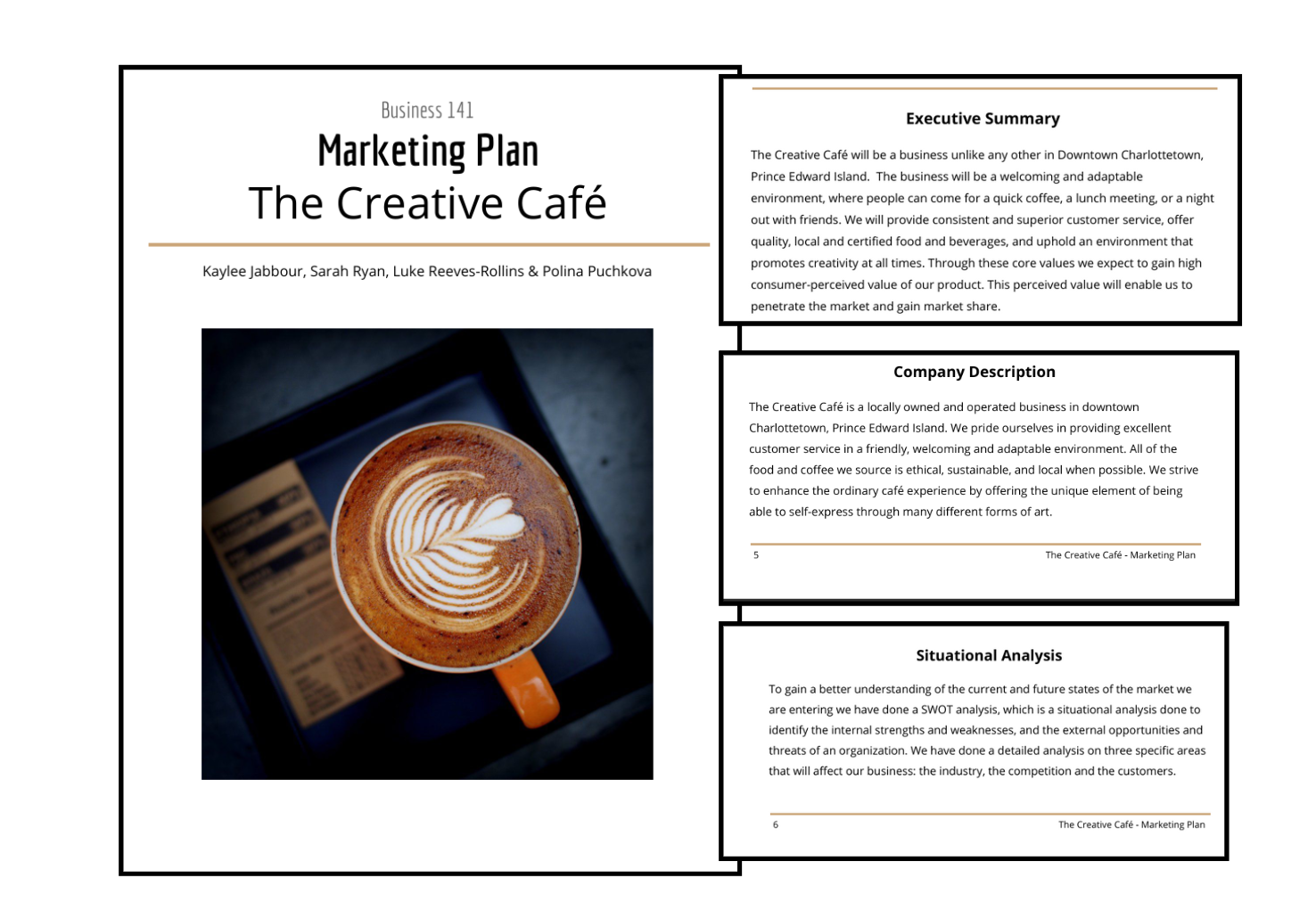 The Creative Cafe marketing plan table of contents showing comprehensive structure with executive summary and strategy sections